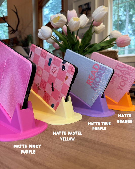 Titled kindle stand for laying down- ereader holder- bookish goods