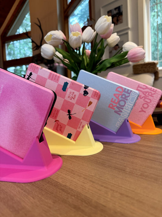 Titled kindle stand for laying down- ereader holder- bookish goods